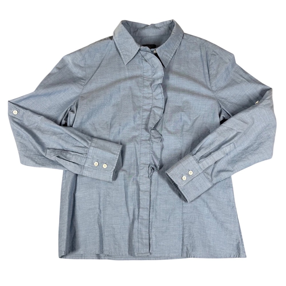 Talbots Petites Blue Cotton Chambray Ruffle Front Roll Tab Button Down Shirt 8P